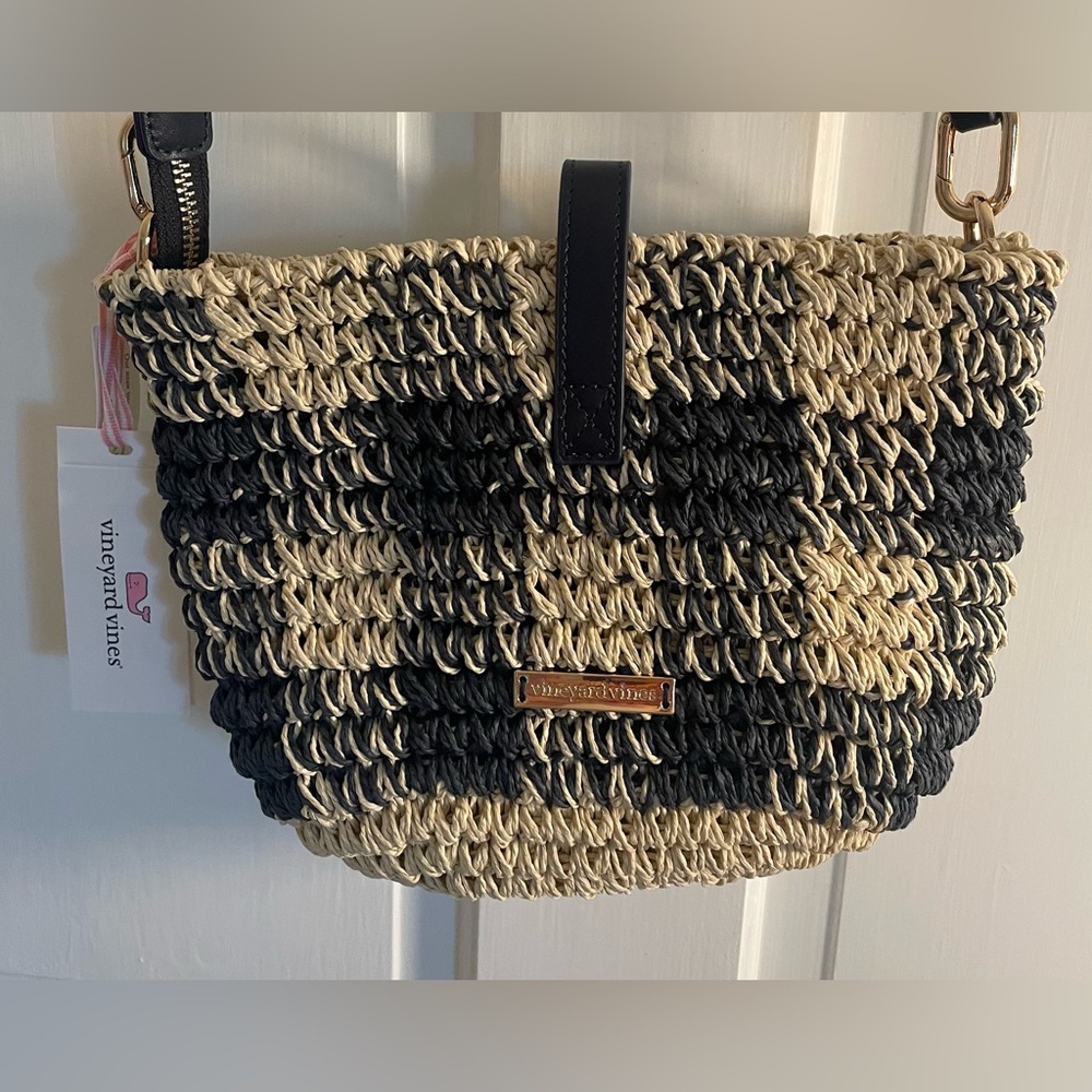 Vineyard Vines 🐳 Navy Checkered Straw Crossbody or Clutch Bag - Picture 3 of 11